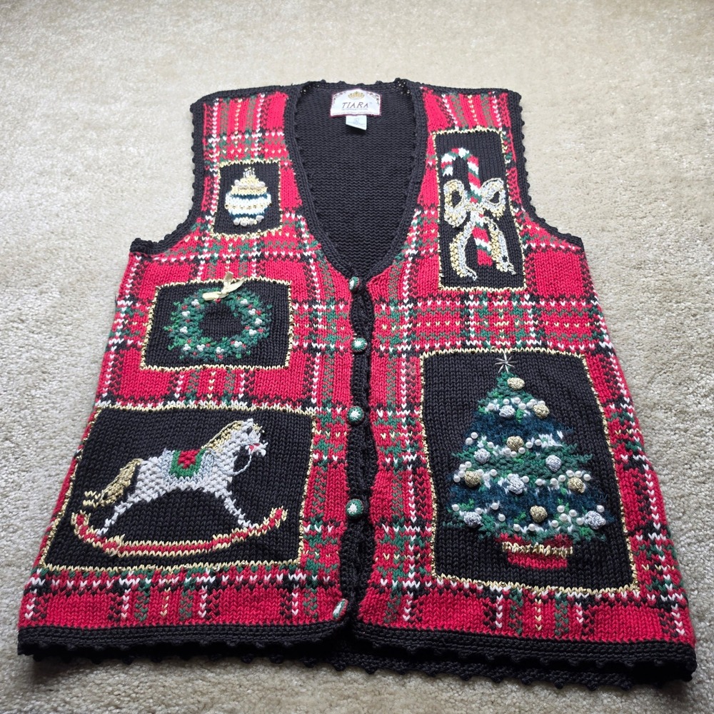 Tiara International Vintage Christmas Sweater Vest Plaid Beaded Embroidered L